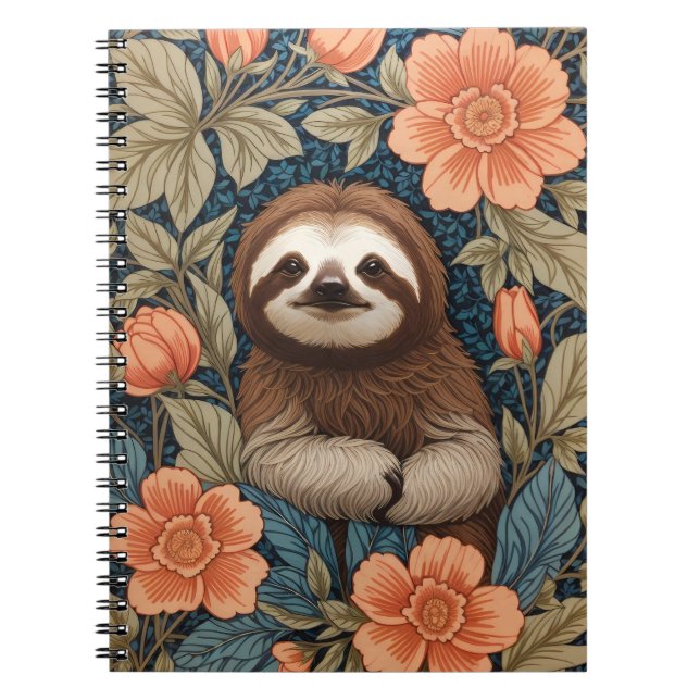 Carnet Cute Sloth Elegant Floral William Morris Inspired (Devant)
