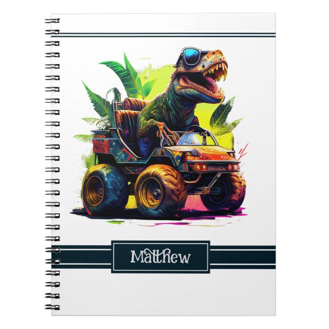 Carnet Cute T-Rex équitation Monster Truck Dinosaure Nom (Devant)