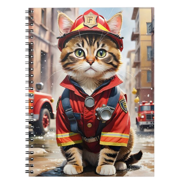 Carnet Cute Tabby Chat en Aquarelle Uniforme Firefighter (Devant)