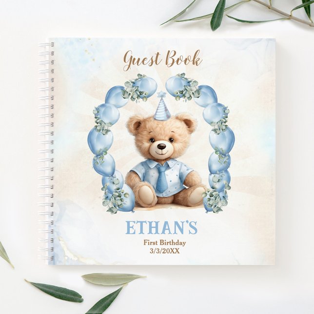 Carnet Cute Teddy Bear 1er Anniversaire Blue Guest Book (Cute Teddy Bear 1st Birthday Blue Guest Book)