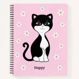Carnet Cute Tuxedo Chat & Fleurs sur Rose clair