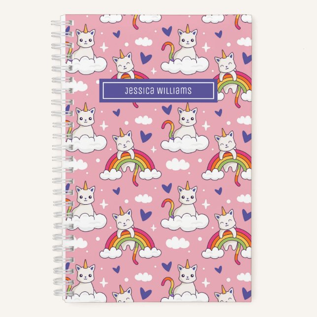 Carnet Cute Unicorn Chat Rainbow Coeur Motif Personnalisé (Recto)