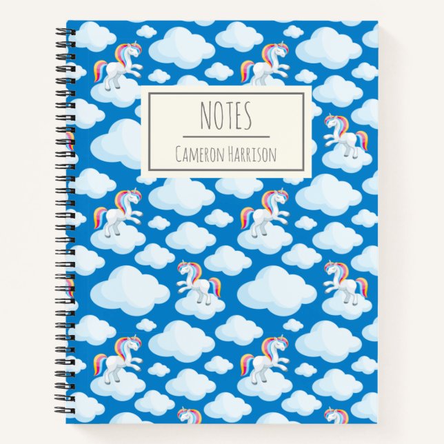 Carnet Cute Unicorn Nuages Whimsical Blue Personnalisé (Devant)