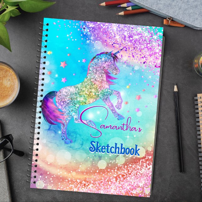 Carnet Cute unicorn pink aqua faux glitter custom gift (Créateur téléchargé)