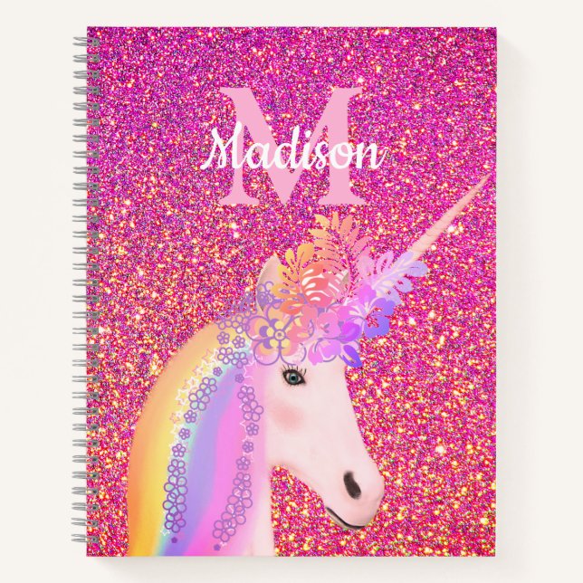 Carnet Cute Unicorn rose Parties scintillant personnalisé (Devant)