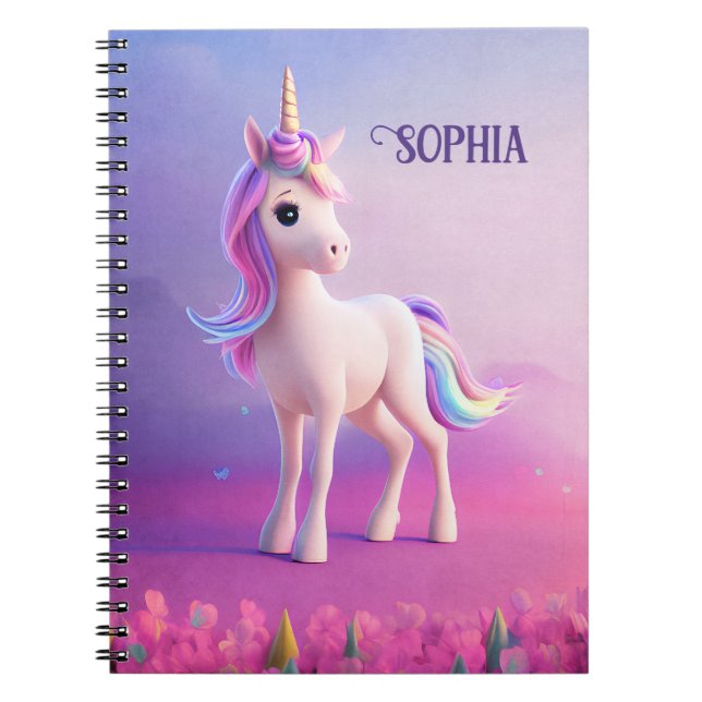 Carnet Cute Unicorne Blanche Avec Rose & Bleu Mane (Devant)