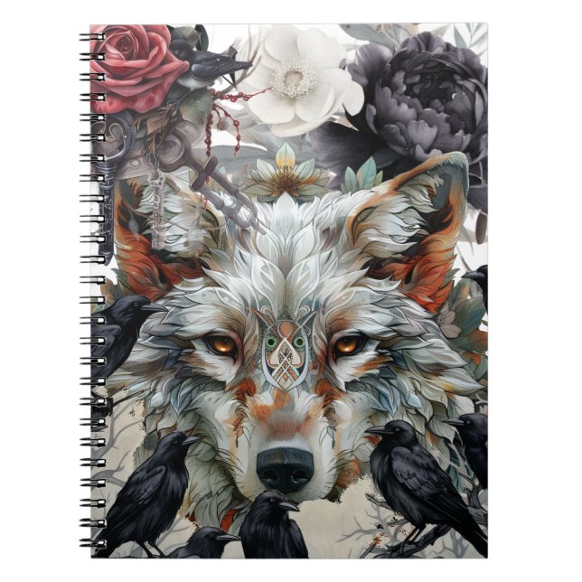 Carnet Cute Unique Boho Wolf Raven & Florals Notebook (Devant)