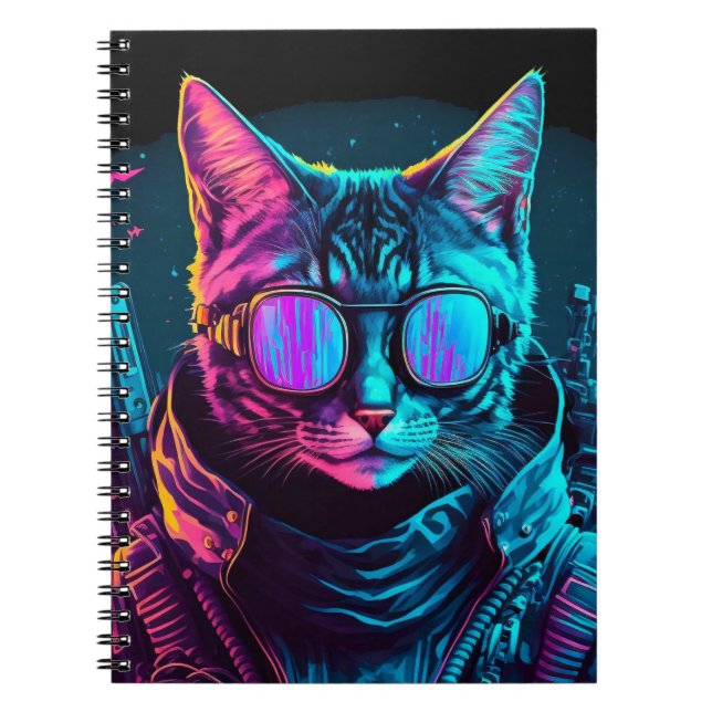 Carnet Cyberpunk néon lunettes de chat soldat noir (Devant)