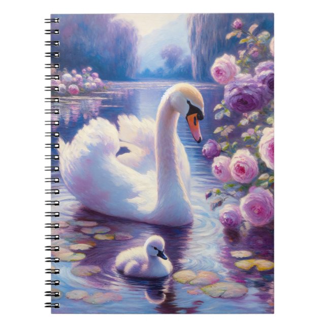 Carnet Cygnet blanc avec Roses violets (Devant)