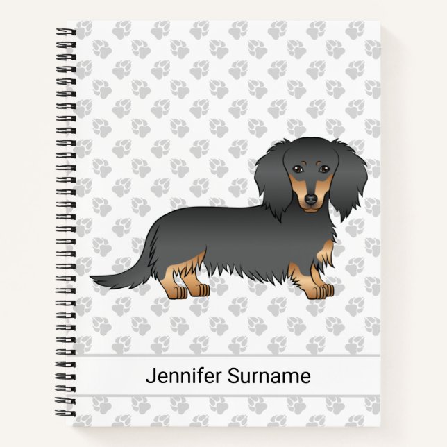 Carnet Dachshund à poil long noir et feu Dessin animé Chi (Devant)