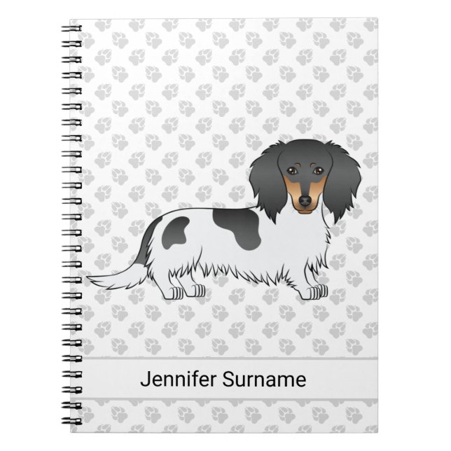 Carnet Dachshund à poil long piebalde noir et feu & Texte (Devant)