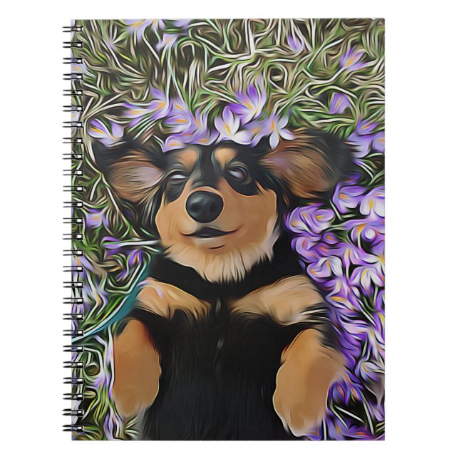 Carnet Dachshund allongé dans des fleurs violettes (Devant)