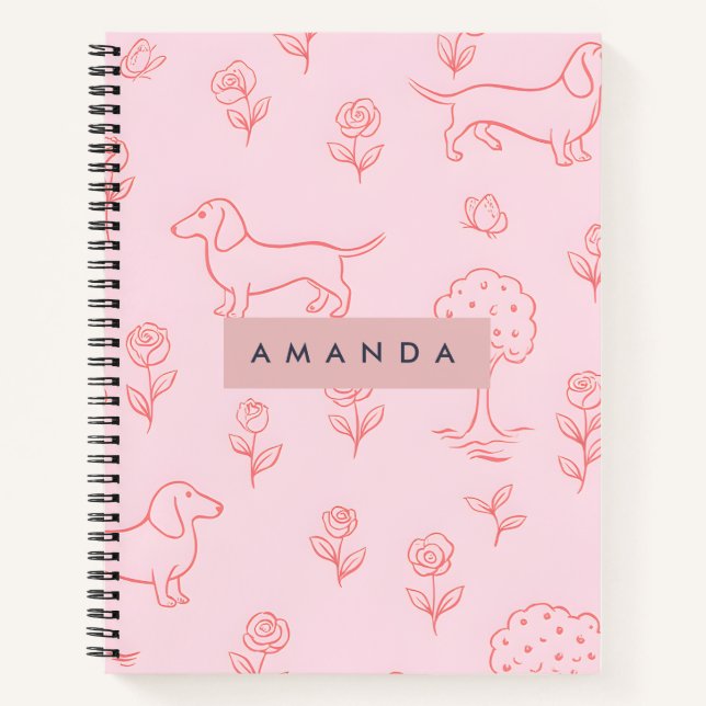 Carnet Dachshund rose personnalisé et Fleur (Devant)