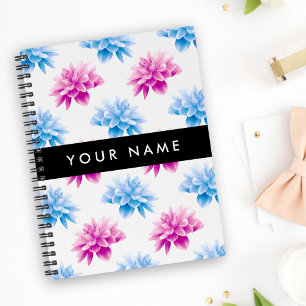 Carnet Dahlia rose et bleu, motif floral, Votre Nom