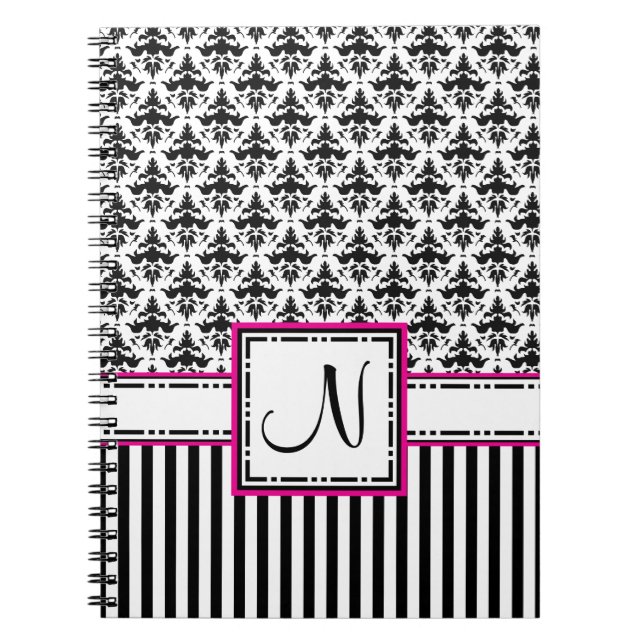 Carnet Damassé de monogramme de noir et de roses indien (Devant)