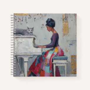 Carnet Dame au piano scintillante chat violet gris