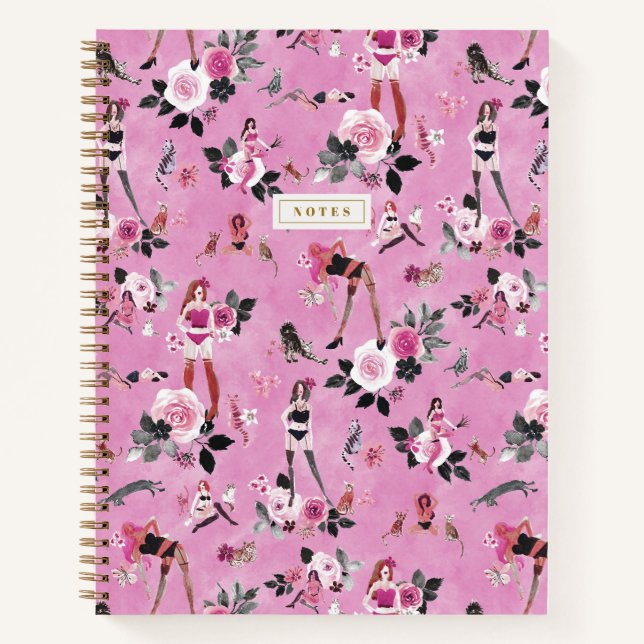 Carnet DAME CHAT FLORAL Rose Chaud (Devant)