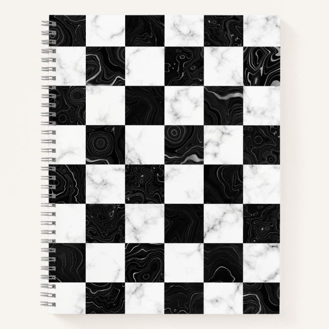 Carnet Damier en marbre blanc noir et argent (Devant)