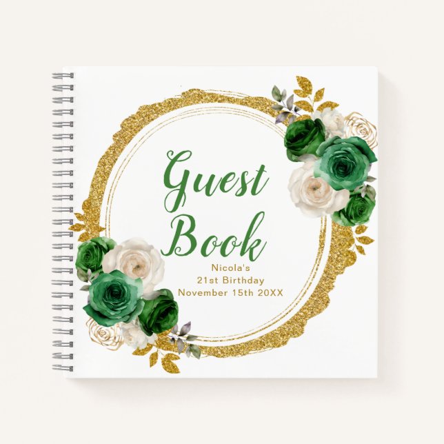 Carnet Dark Green and Gold Elegant Flowers Birthday Party (Devant)