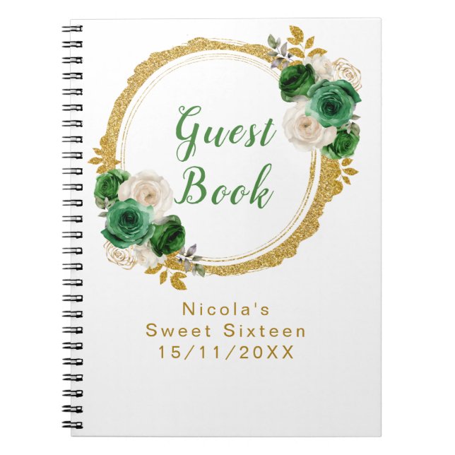 Carnet Dark Green and Gold Elegant Flowers Sweet Sixteen (Devant)