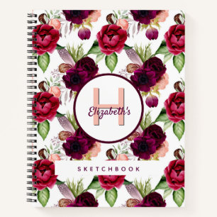 Carnet de croquis monogramme de fleurs bordeaux