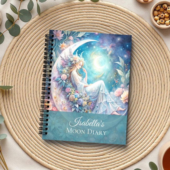 Carnet de la lune enchantée (Enchanted Moon Fairy Notebook on a boho table with botanicals and a cup of tea)