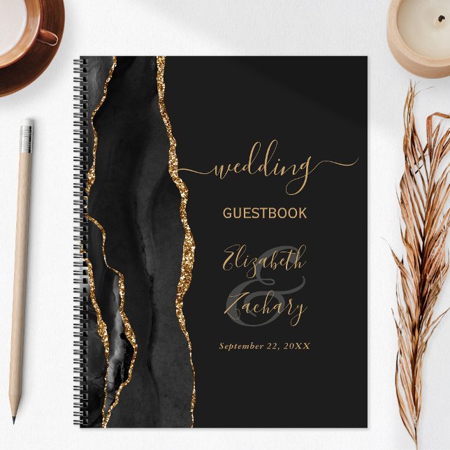 Carnet de mariage élégant noir or foncé Agate Géod (Créateur téléchargé)