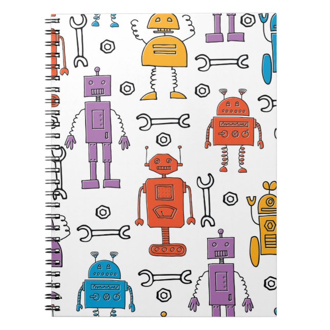 Carnet De mignons robots à doodle. Motif sans couture. Ch (Devant)