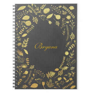 Carnet de notes floral gris charbon et or faux