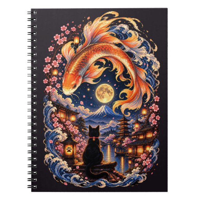 Carnet de notes Lune Chat & Poisson Koi Japonais (Devant)