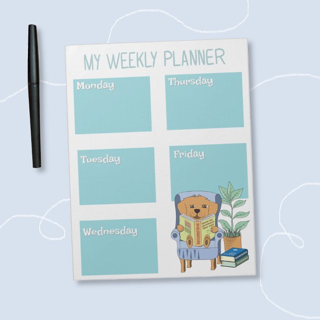 Carnet de notes planificateur hebdomadaire pour en (Cute kid weekly planner with a reading dog illustration . )