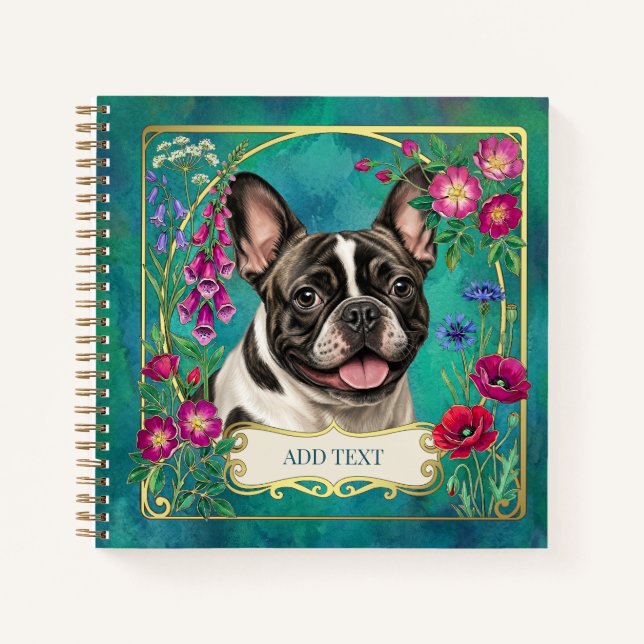 Carnet de notes sarcelle Bulldog français floral b (Devant)