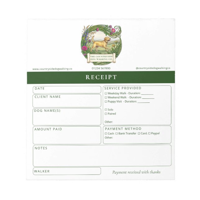 Carnet de reçus pour dresseur de promeneur de chie (Devant)