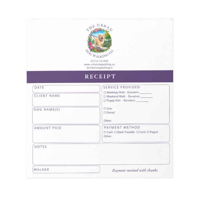Carnet de reçus pour dresseur de promeneurs de chi (Devant)