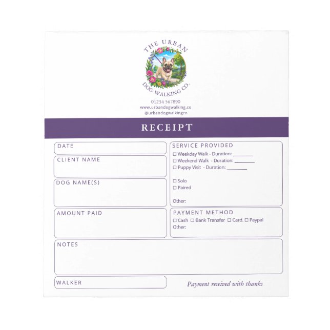 Carnet de reçus pour promeneur de chiens - Bouledo (Devant)