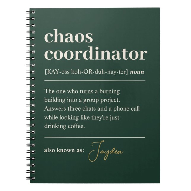 Carnet Définition de coordinateur de chaos drôle vert fon (Devant)