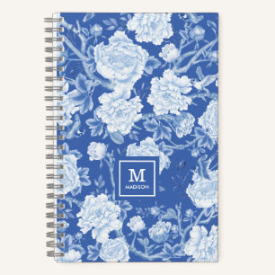 Carnet Delft Blue White Chinoiserie Bird Peonies Monogram