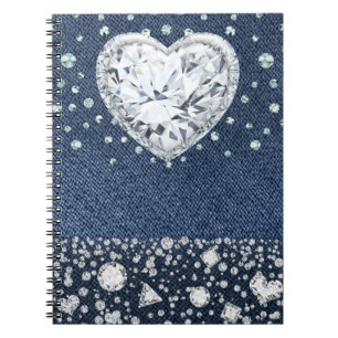 Carnet Denim de blue-jean et coeur de diamant de Bling de