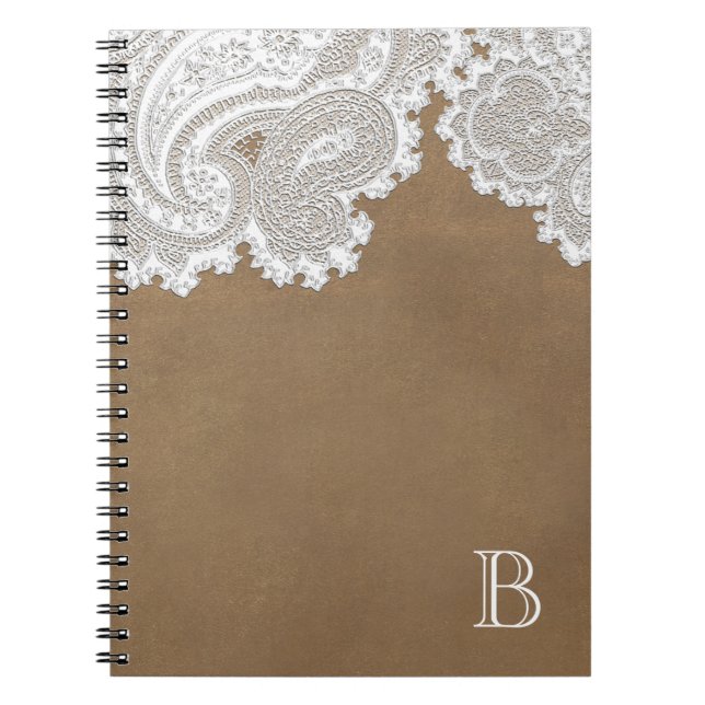 Carnet Dentelle Blanche & Marron Élégant Chic Rustique (Devant)