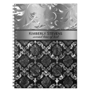 Carnet Dentelle Élégante Florale Noire Et Argent
