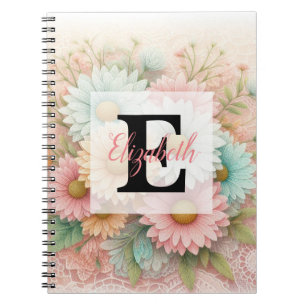 Carnet Dentelle monogramme fleurs roses blanches et bleue