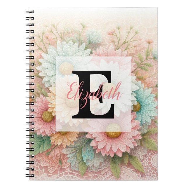 Carnet Dentelle monogramme fleurs roses blanches et bleue (Devant)