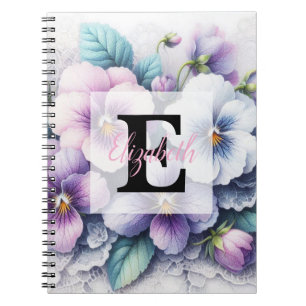 Carnet Dentelle monogramme florale fleurs pensées rose vi