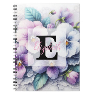 Carnet Dentelle monogramme florale fleurs pensées rose vi