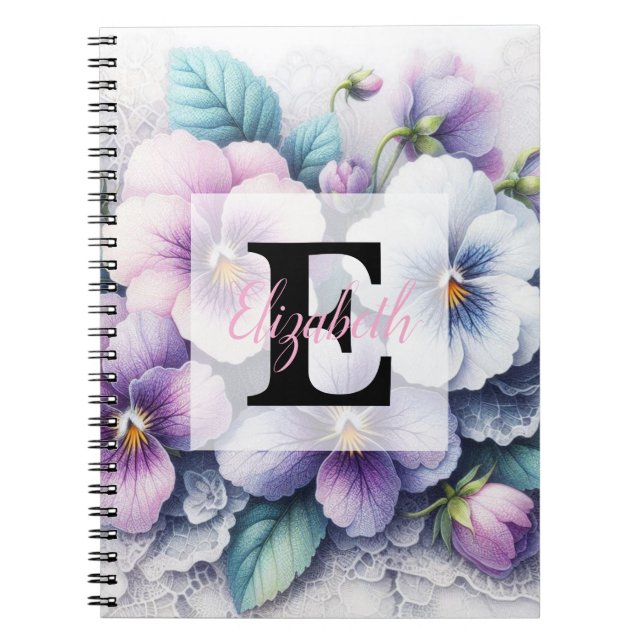 Carnet Dentelle monogramme florale fleurs pensées rose vi (Devant)