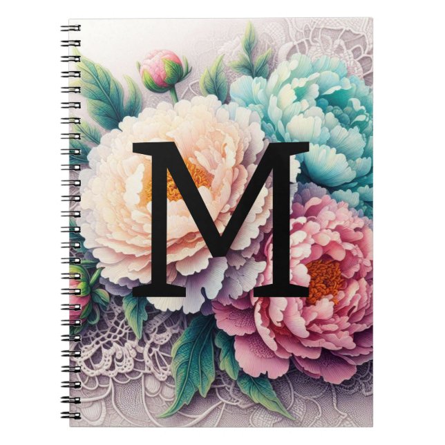 Carnet Dentelle monogramme florale rose orange bleue pivo (Devant)