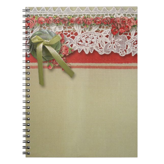 Carnet Dentelle Rose Antique Rouge Rustique Burlap Victor (Devant)