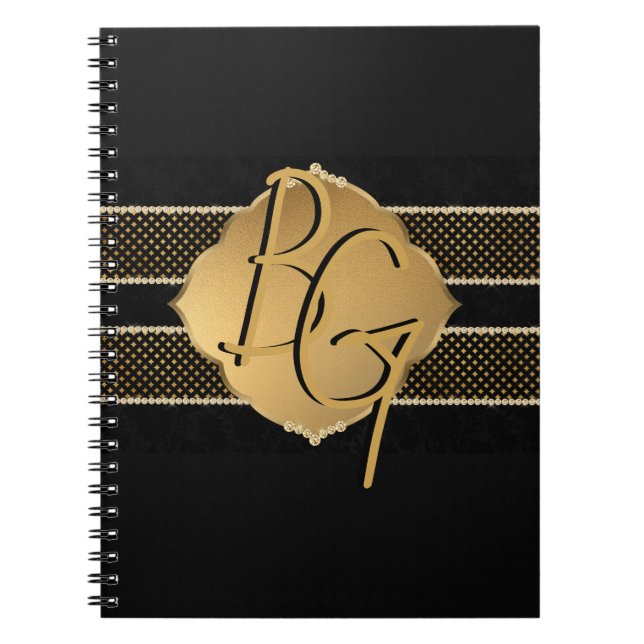 Carnet Design élégant à monogramme noir et or (Devant)