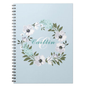 Carnet Design floral noir, blanc et Turquoise monogramme