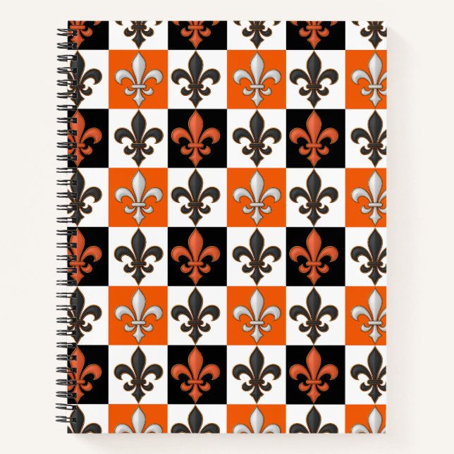 Carnet Design Orange Noir Blanc À damiers Fleur de lis (Devant)